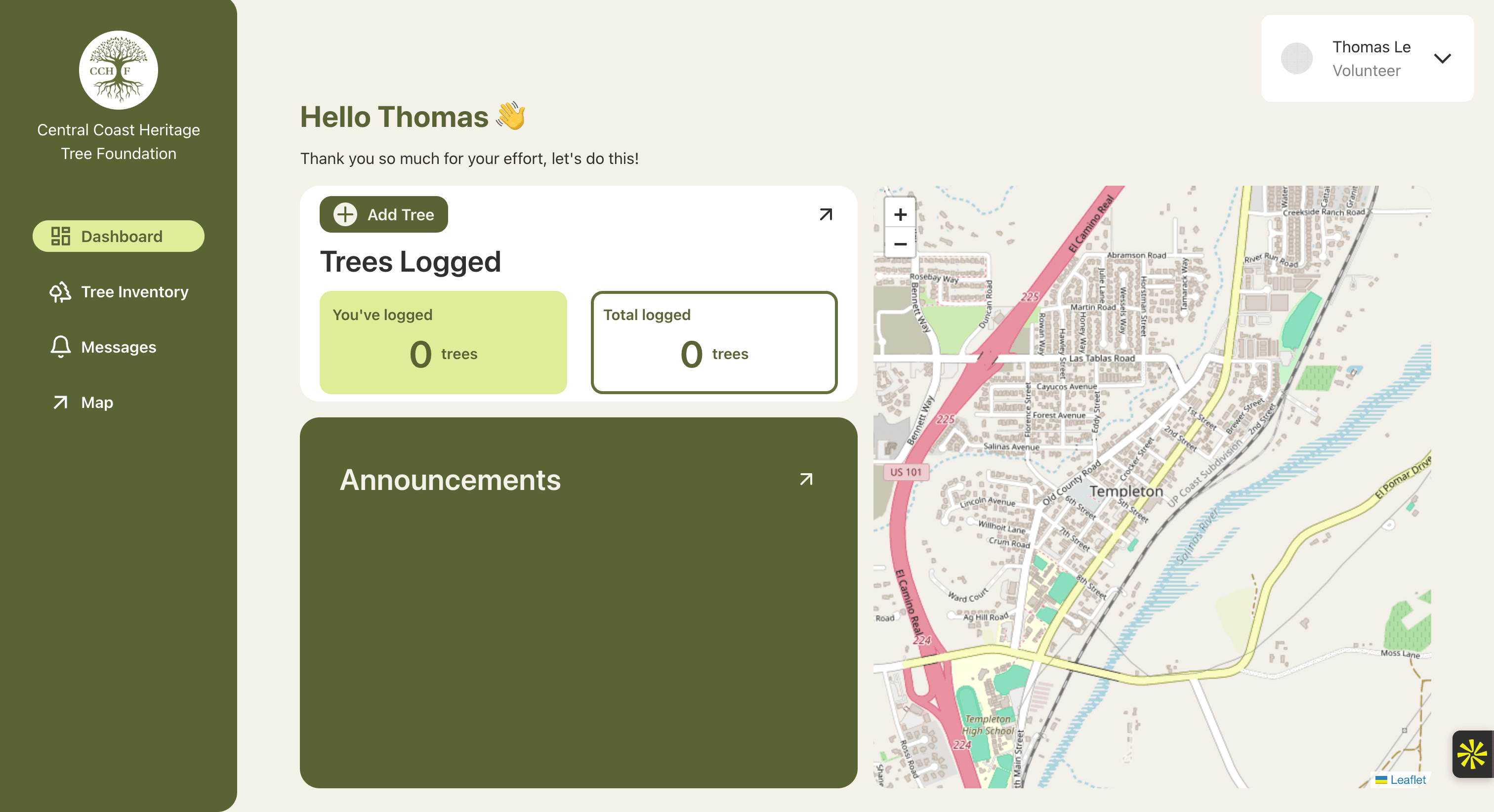Heritage Tree inventory app dashboard with tree counts, announcements, and a map