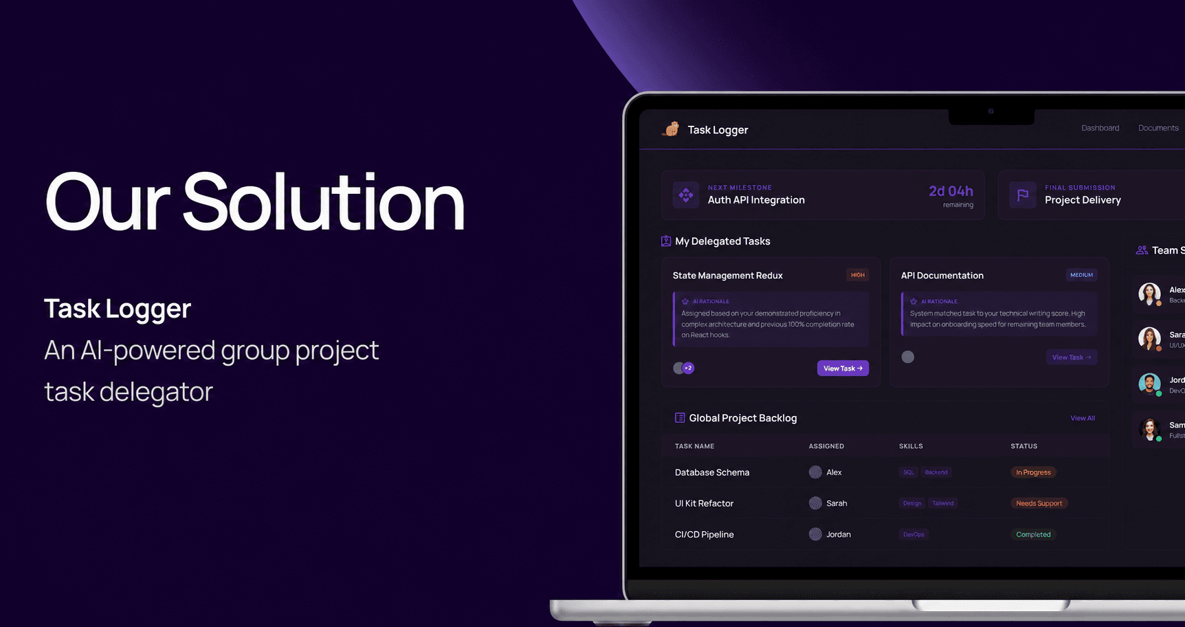 Task Logger presentation introducing the AI-powered group project task delegator