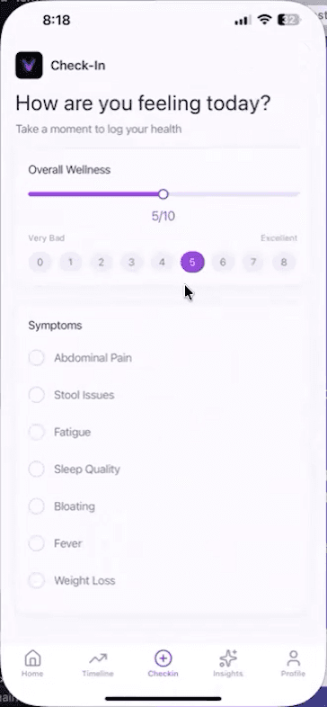 Virgil check-in form with a wellness scale and symptom selections.