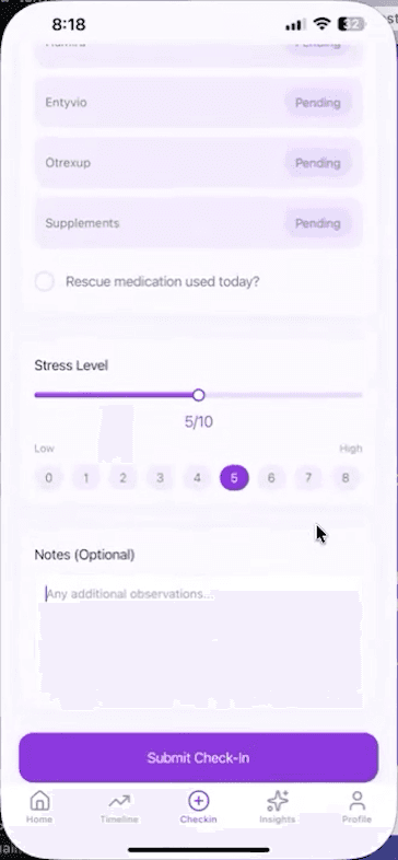 Stress scale, optional notes, and the submit button in Virgil's check-in form.