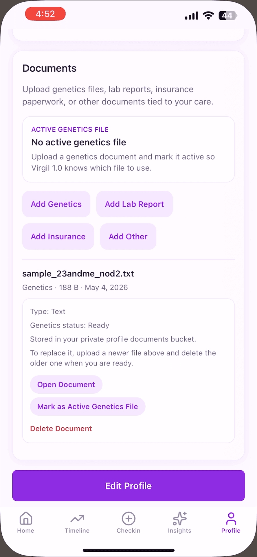 Virgil document management with an uploaded sample-named genetics file and an option to mark it active.