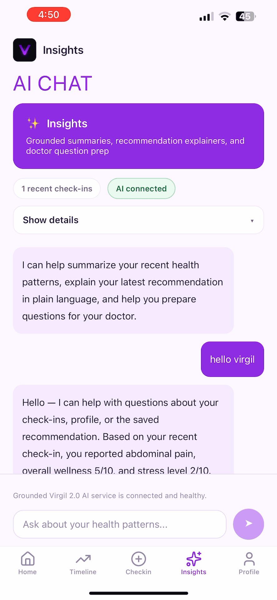 Virgil Insights screen with a question and a response based on saved context.