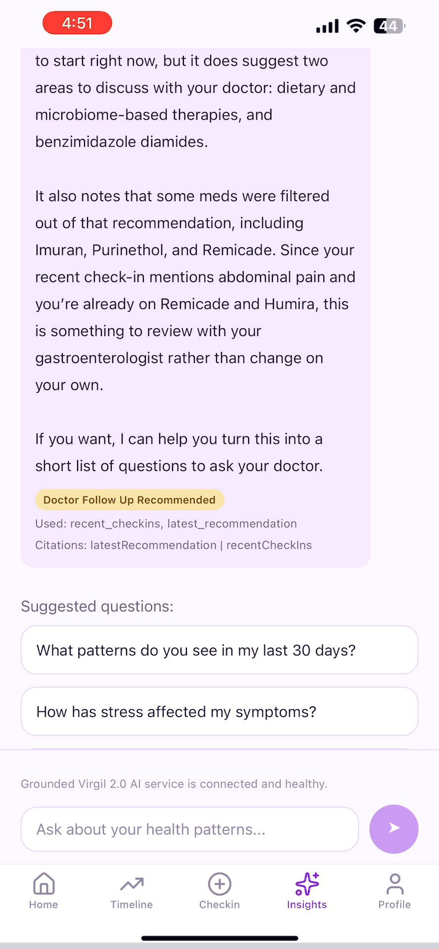 A recorded Virgil AI response with suggested questions and a doctor-follow-up label.