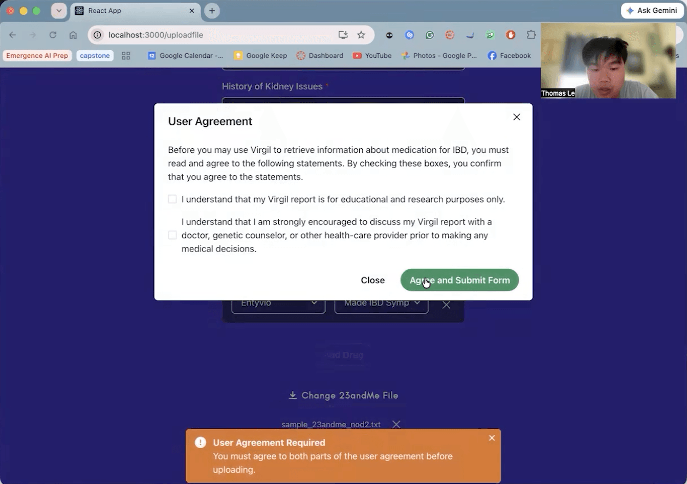 Virgil's web upload showing its educational-use agreement before submission.