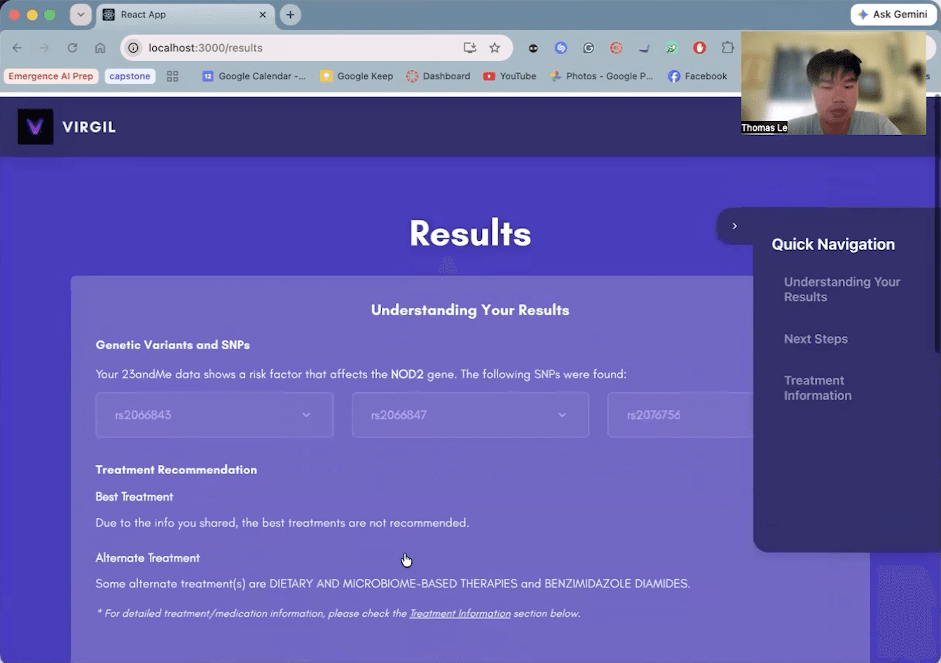 The earlier Virgil web interface displaying genetics-processing results.