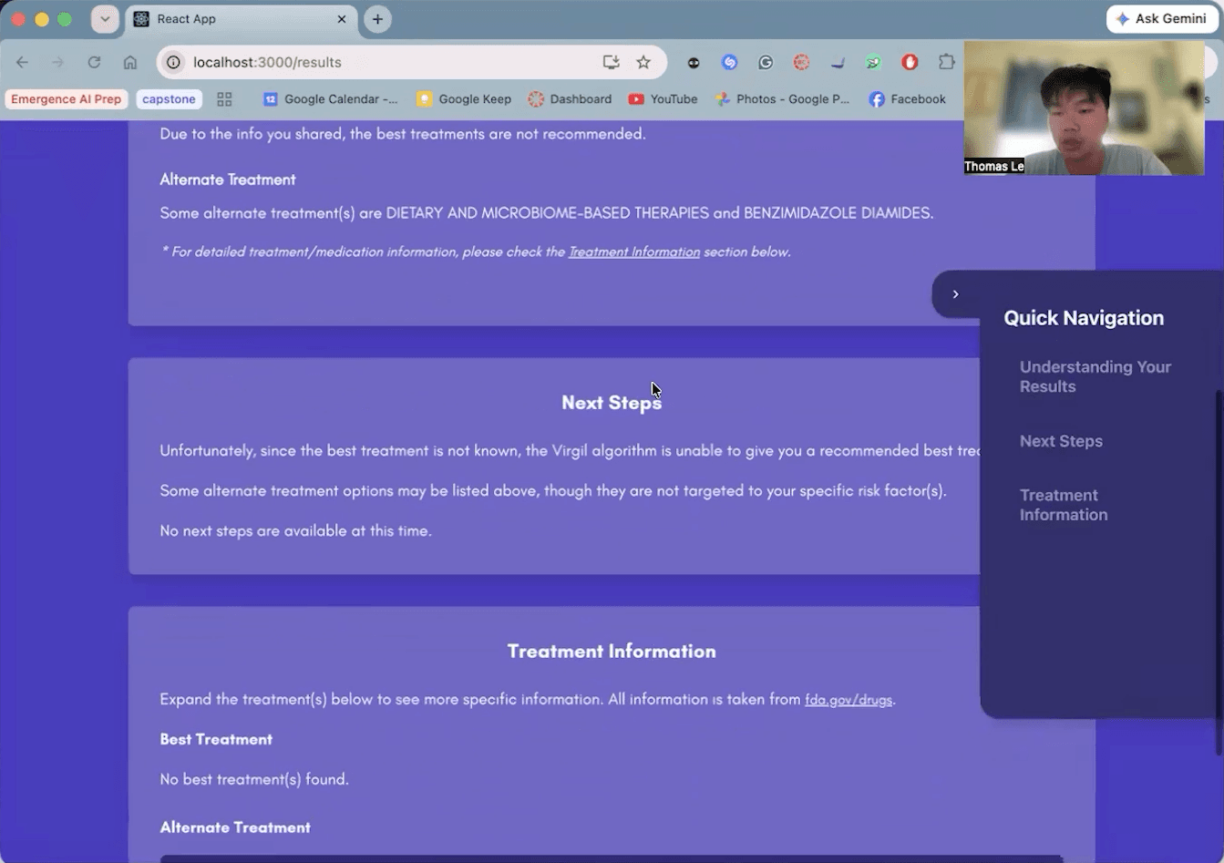 Next steps and treatment-information sections in a recorded Virgil web result.