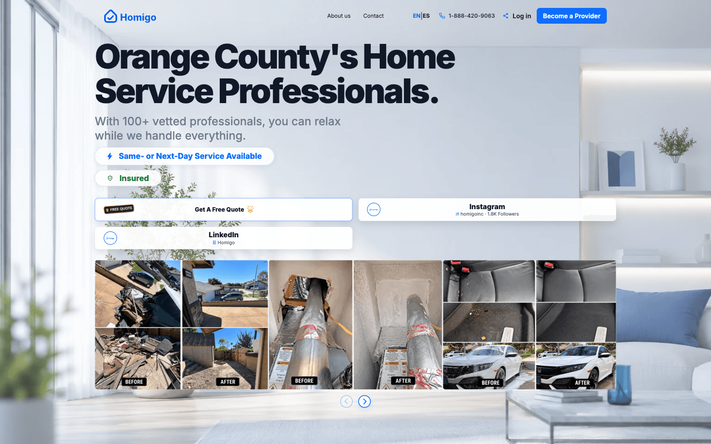 Homigo's current public homepage, with homeowner quote and provider registration entry points.