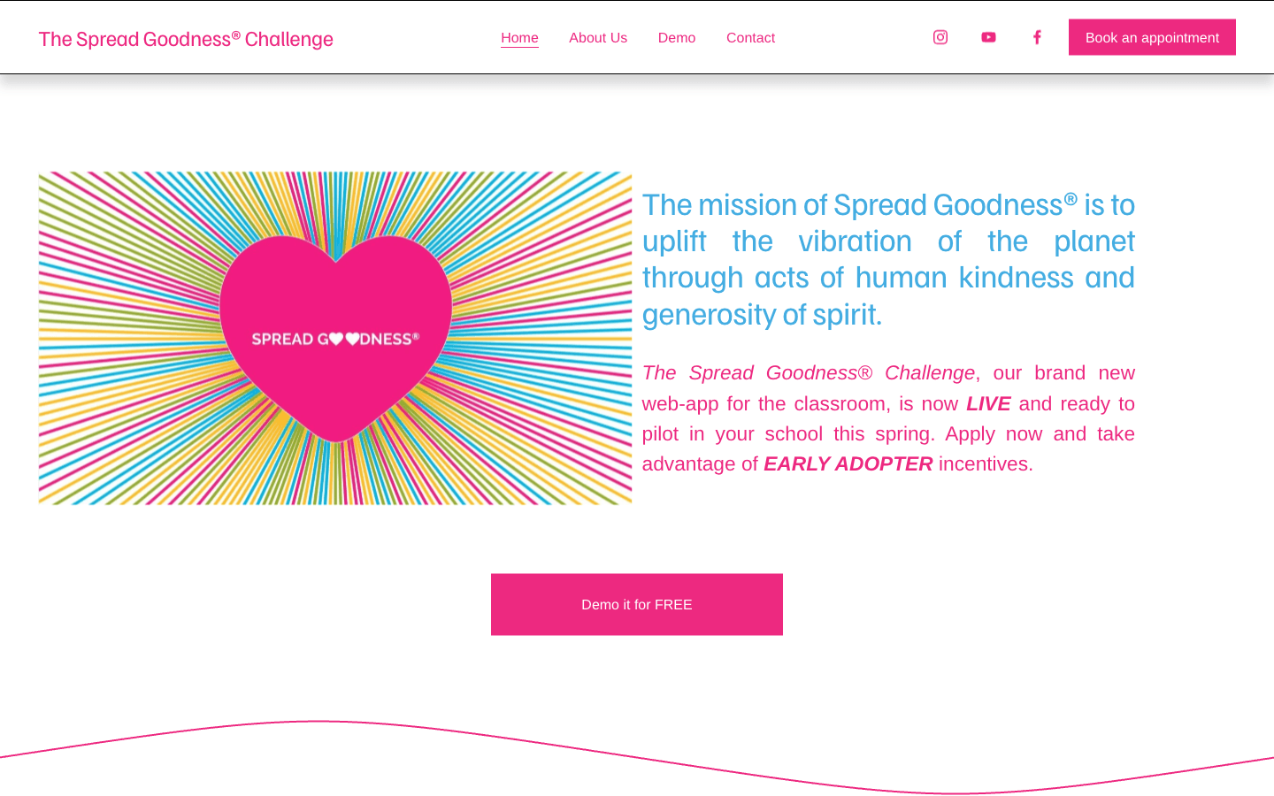 Spread Goodness Challenge public website with its colorful heart artwork and classroom kindness mission.