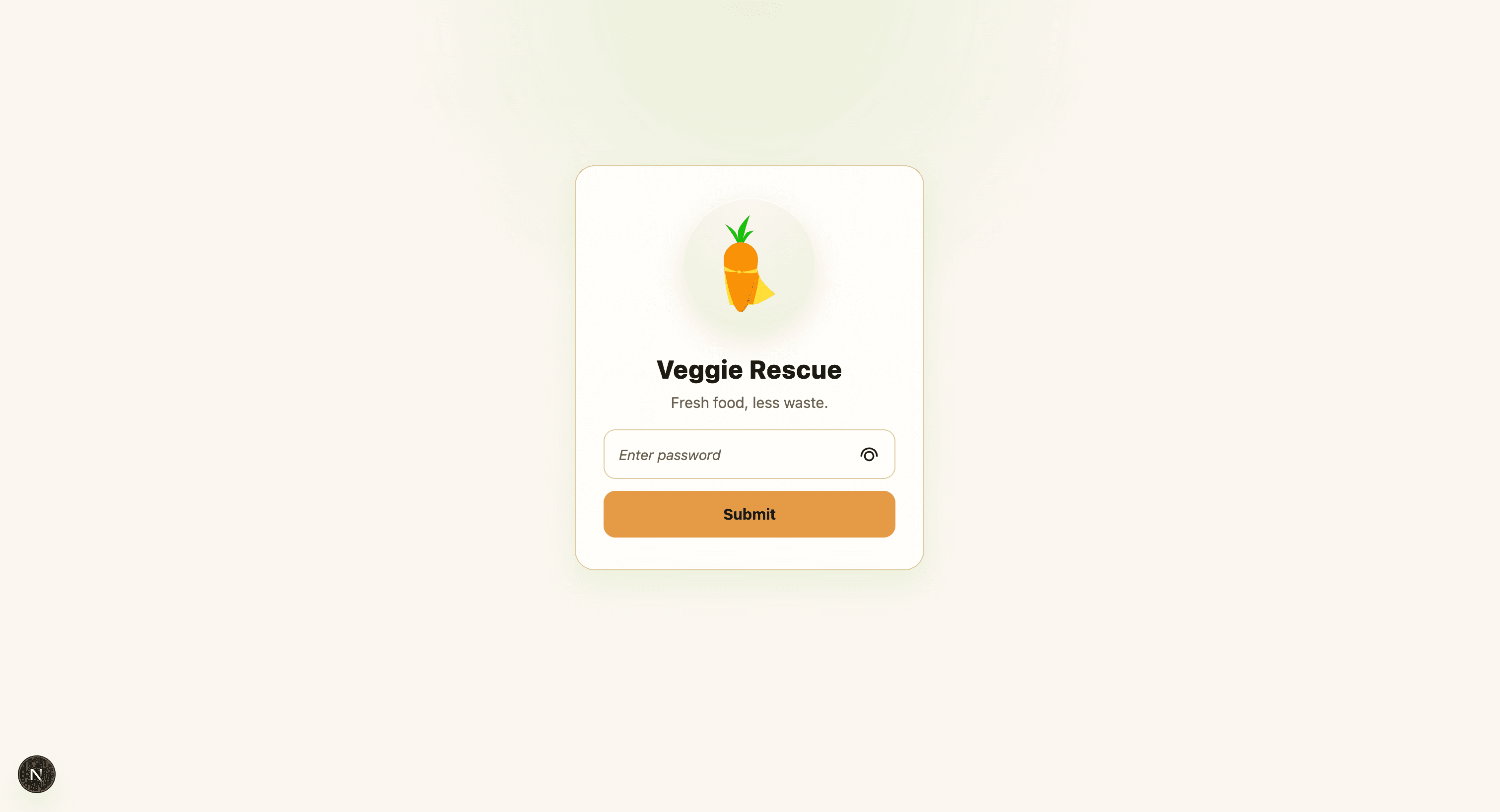 Veggie Rescue staff access page with a password field and submit button.