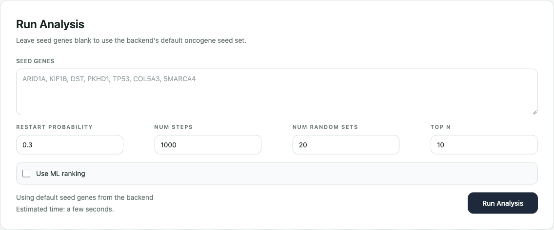 OncoGraph form for seed genes, restart probability, simulation steps, random sets, and optional ML ranking