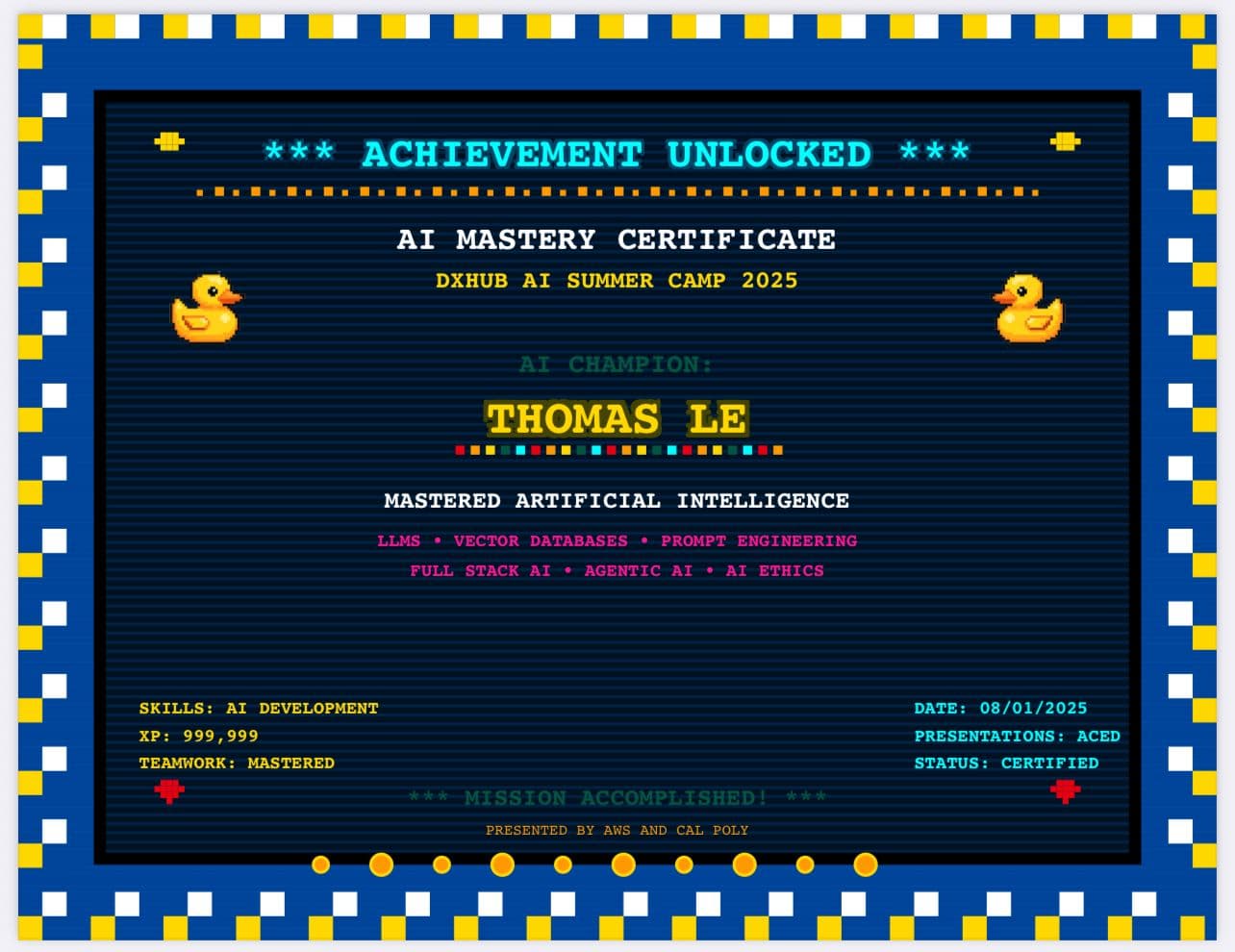Thomas Le AI Mastery Certificate from DxHub AI Summer Camp 2025, presented by AWS and Cal Poly
