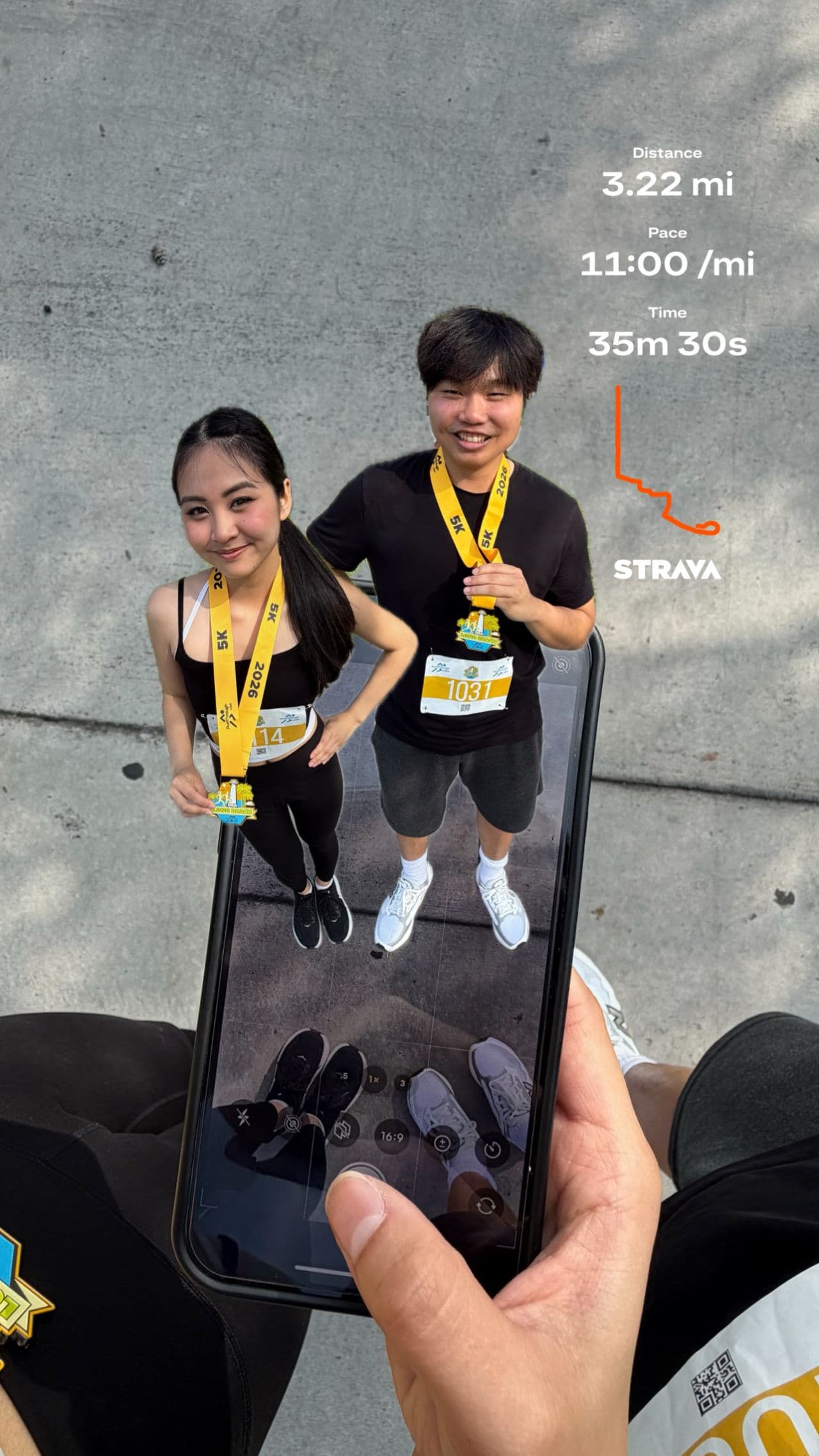 Long Beach 5K finish photo with my recorded run stats