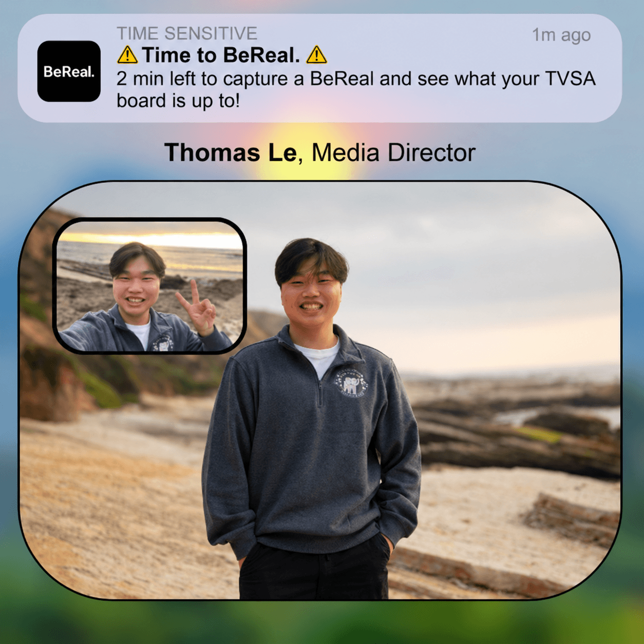 TVSA Media Director introduction featuring Thomas at the beach with a BeReal-style selfie