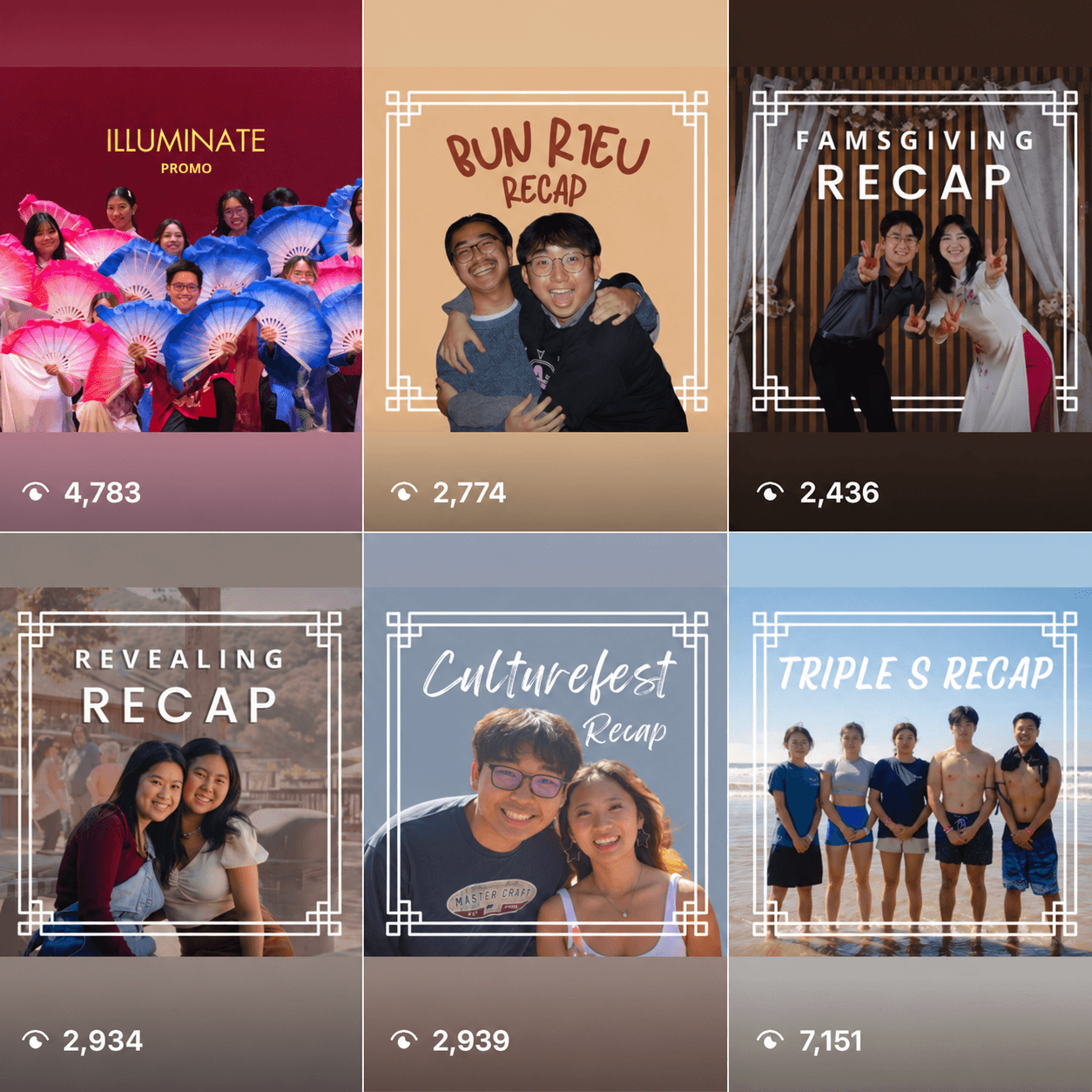 TVSA video thumbnails for Illuminate, Bun Rieu, Famsgiving, Revealing, Culturefest, and Triple S